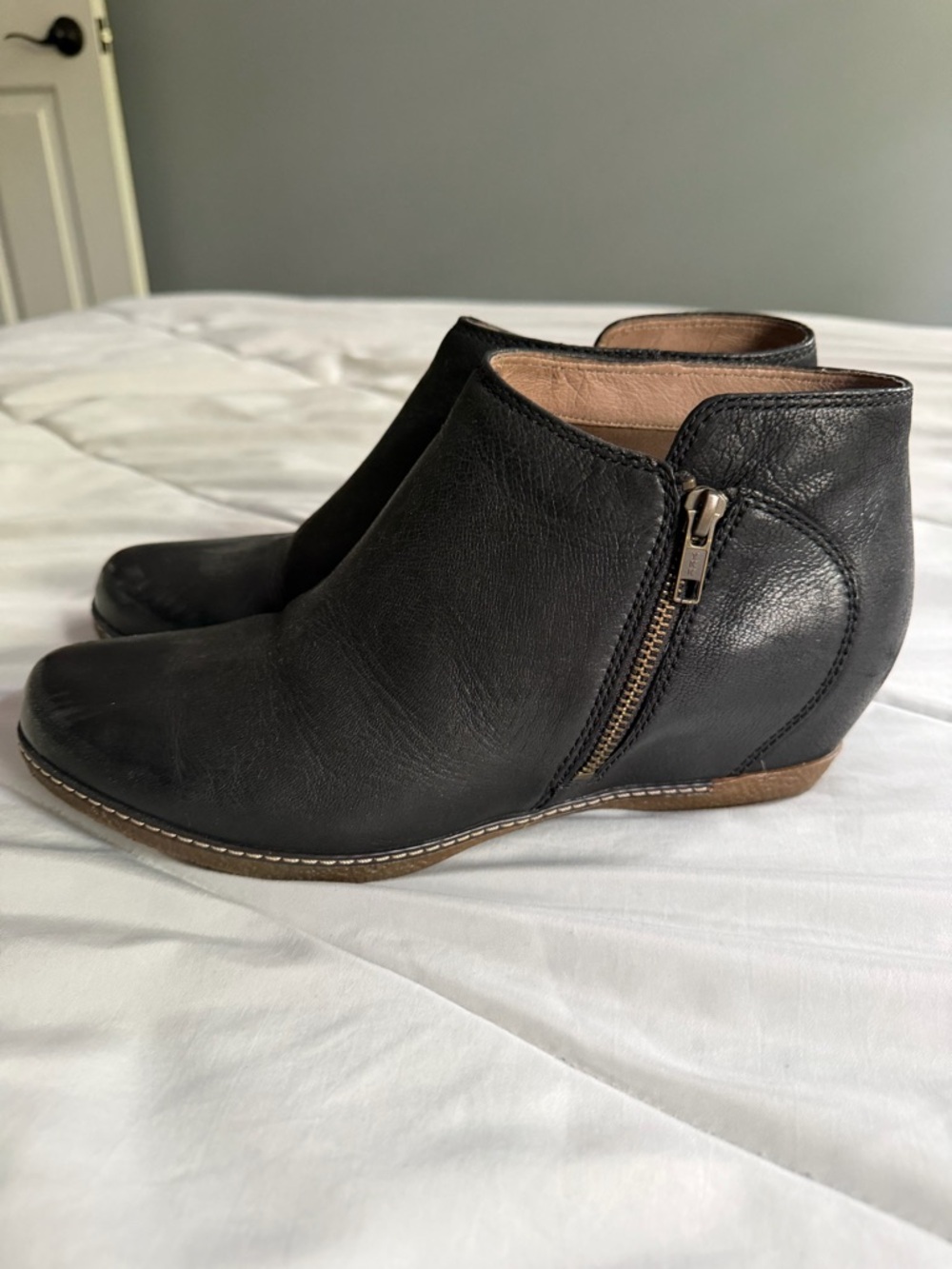 Dansko Black Leather Side-Zip Wedge Ankle Booties